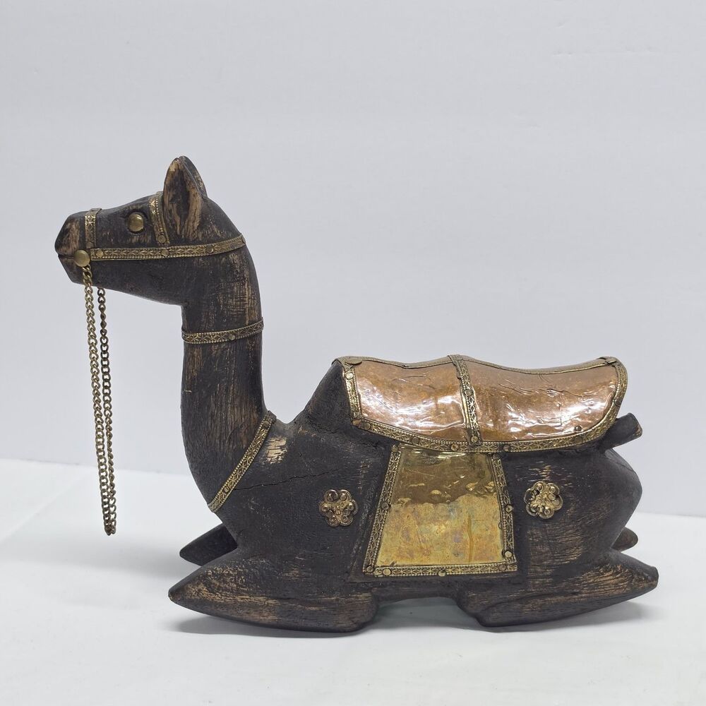 Vintage Hand-Carved Wooden Camel Figurine with Copper Brass Decor Middle Eastern